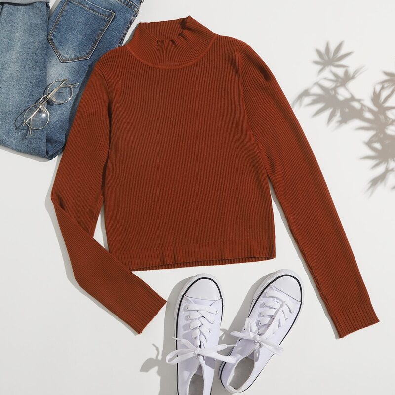 

Solid Stand Collar Crop Sweater, Rust brown
