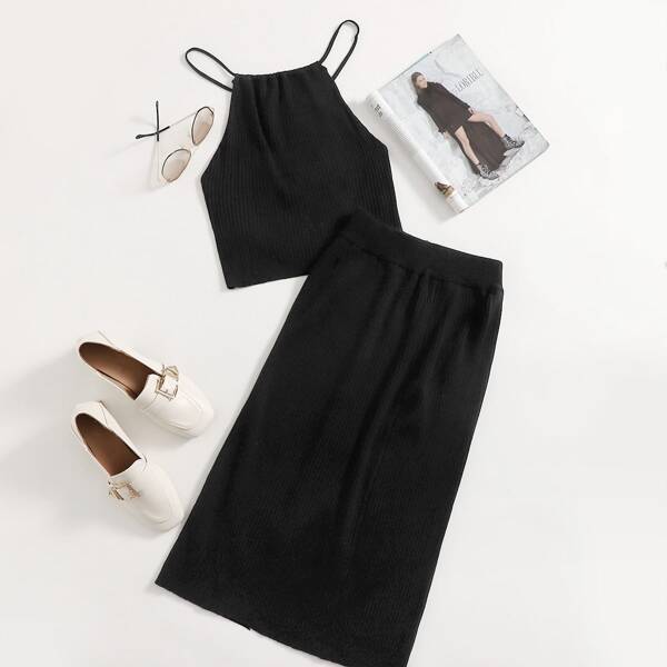 

Solid Lace Up Back Crop Halter Knit Top & Knit Skirt, Black