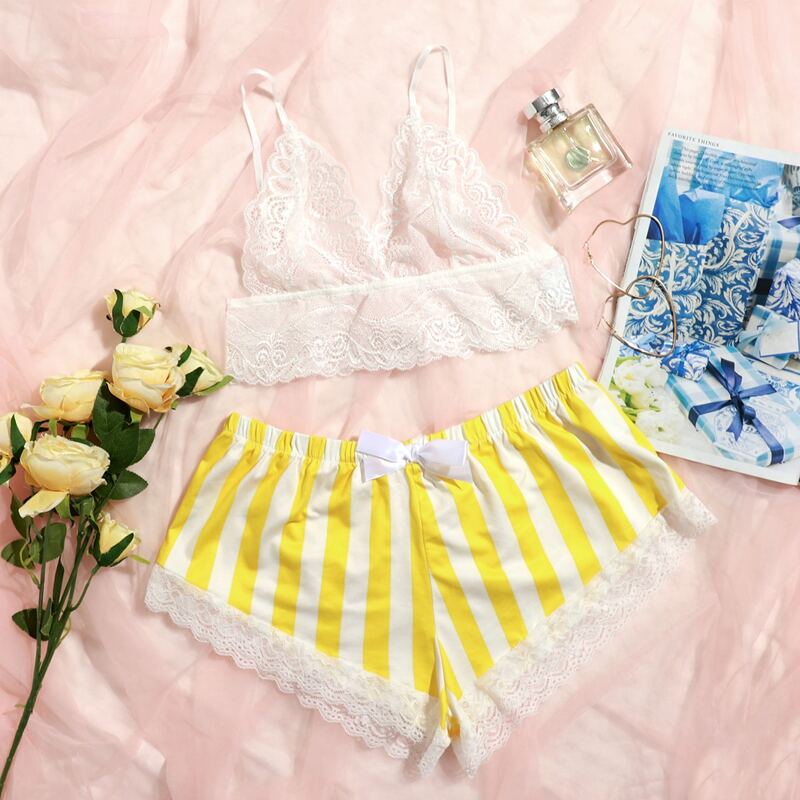 

Floral Lace Bralette With Striped Shorts, Multicolor