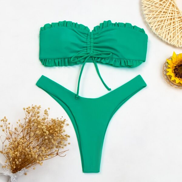

Frill Trim Drawstring Bandeau Bikini Swimsuit, Green