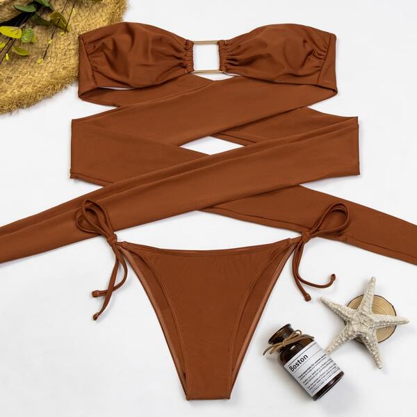 

Crisscross Bandeau Tie Side Bikini Swimsuit, Rust brown