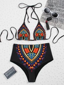 Allover Graphic Triangle Bikini Set Summer Beach - Multicolor - View 7