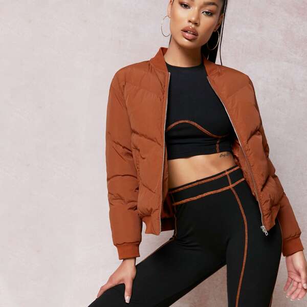 

Zip Up Puffer Bomber Jacket, Rust brown
