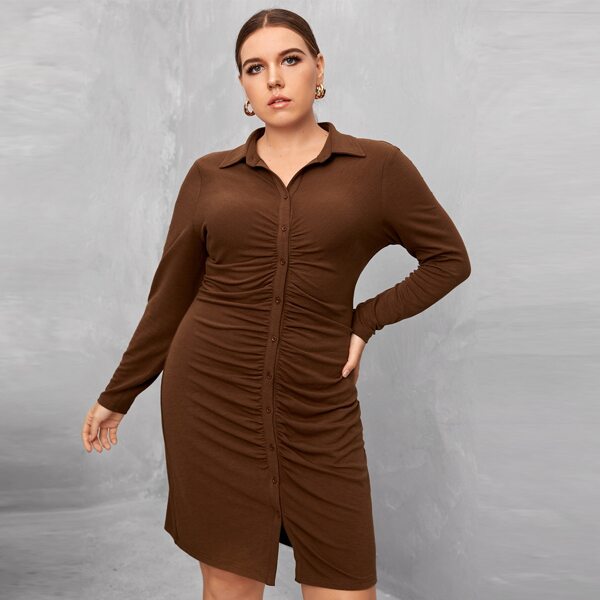 

Plus Collared Buttoned Front Ruched Dress, Chocolate brown