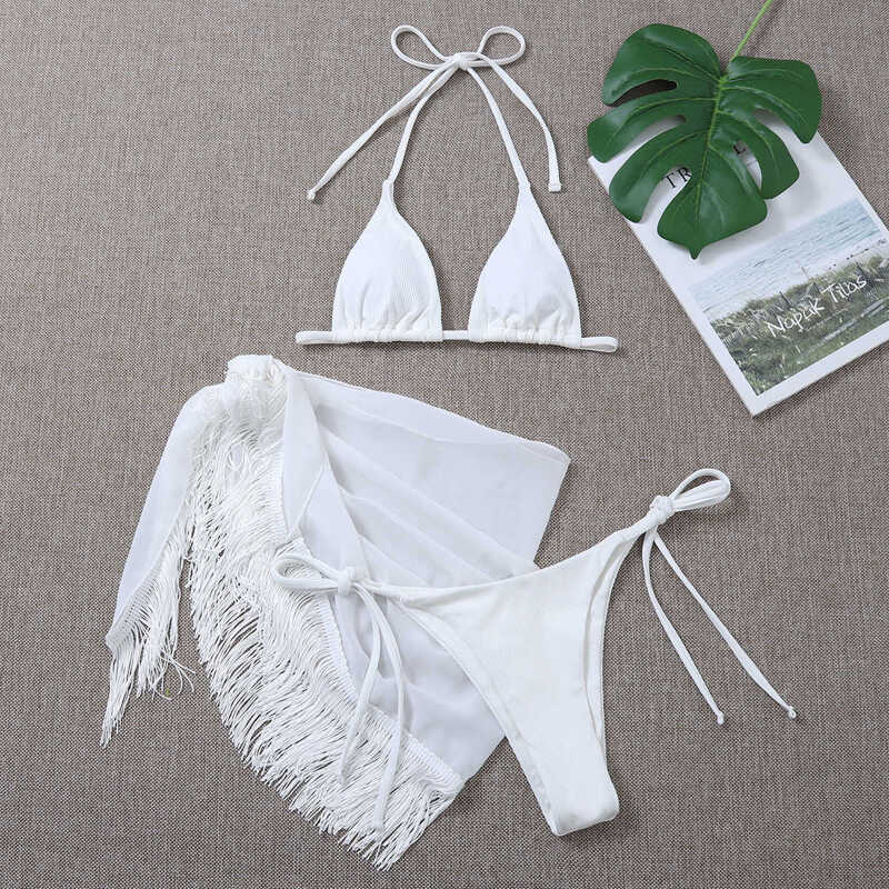 

3pack Rib Micro Triangle Thong Bikini Swimsuit, White