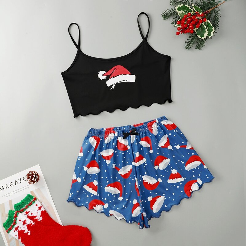 

Christmas Print Cami Top & Shorts PJ Set, Multicolor