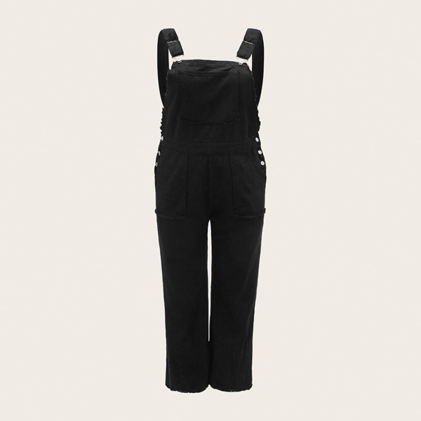 

Plus Pocket Front Button Side Denim Overall, Black