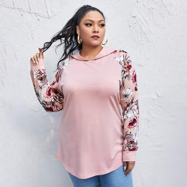 

Plus Floral Print Raglan Sleeve Hoodie, Baby pink