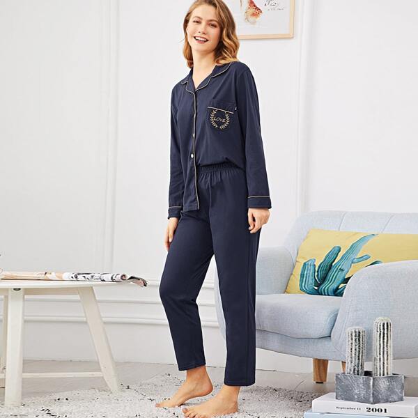 

Contrast Binding Letter Embroidered Pajama Set, Navy blue