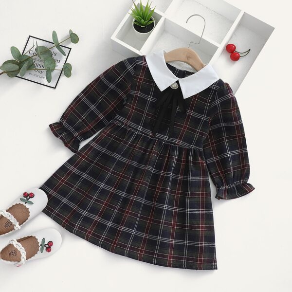 

Toddler Girls Contrast Doll Collar Tartan Dress, Black