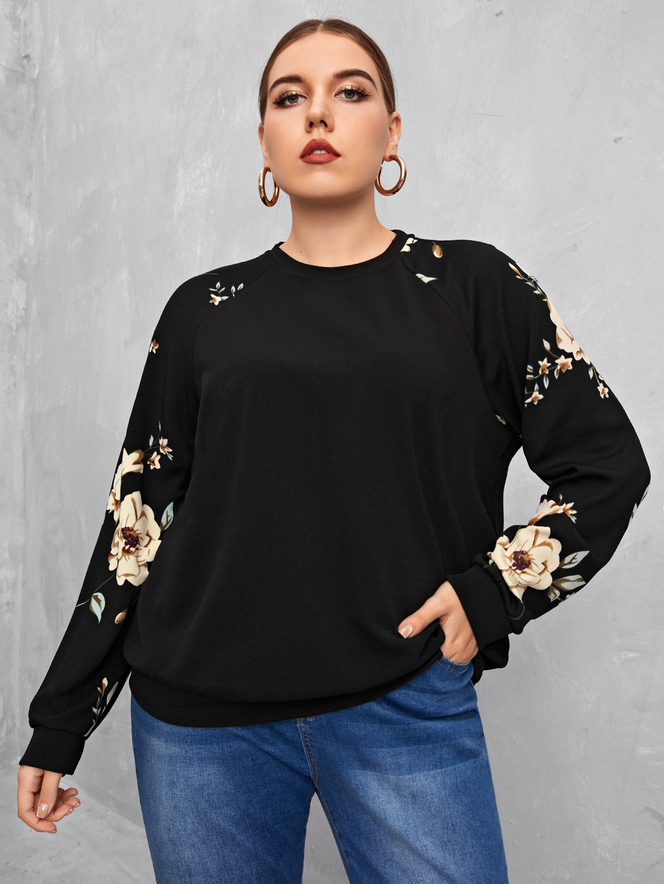 Plus Floral Print Raglan Sleeve Pullover thumbnail