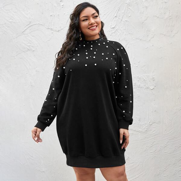 

Plus Mock-Neck Raglan Sleeve Pearls Beaded Sweatshirt Dress, Black