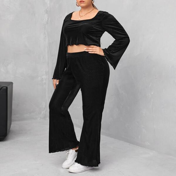 

Plus Lettuce Trim Velvet Top & Flare Leg Pants Set, Black