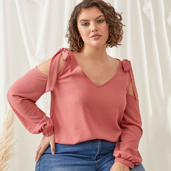 

Plus Tie-Bow V Neck Solid Blouse, Dusty pink
