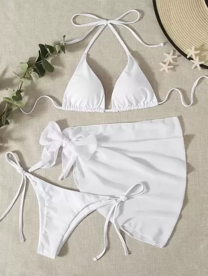 Swim Mod Conjunto Con 3 bikinis para playa con lazos en los costados y falda de playa