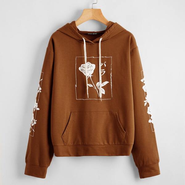 

Japanese Letter And Floral Print Hoodie, Coffee brown