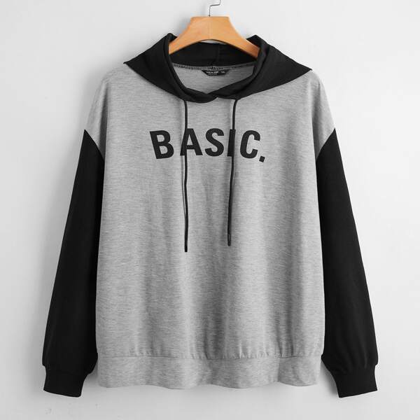 

Plus Letter Graphic Contrast Sleeve Drawstring Hoodie, Grey