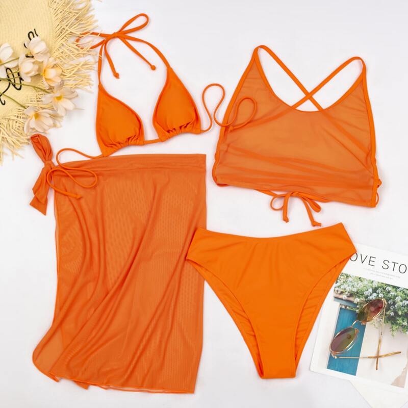 

4pack Mesh Triangle Tie Side Skirt Bikini Swimsuit, Orange