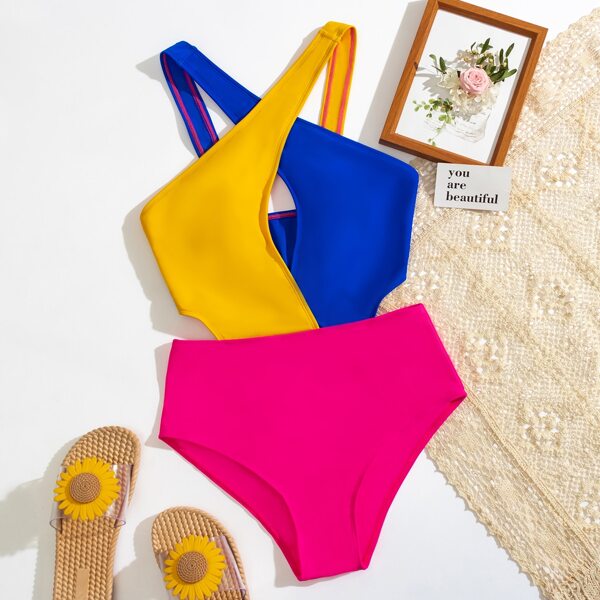 

Color Block Cross Front One Piece Swimsuit, Multicolor
