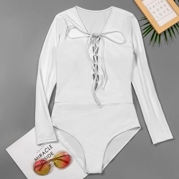 

Lace-up Front Plunging One Piece Swimsuit, White