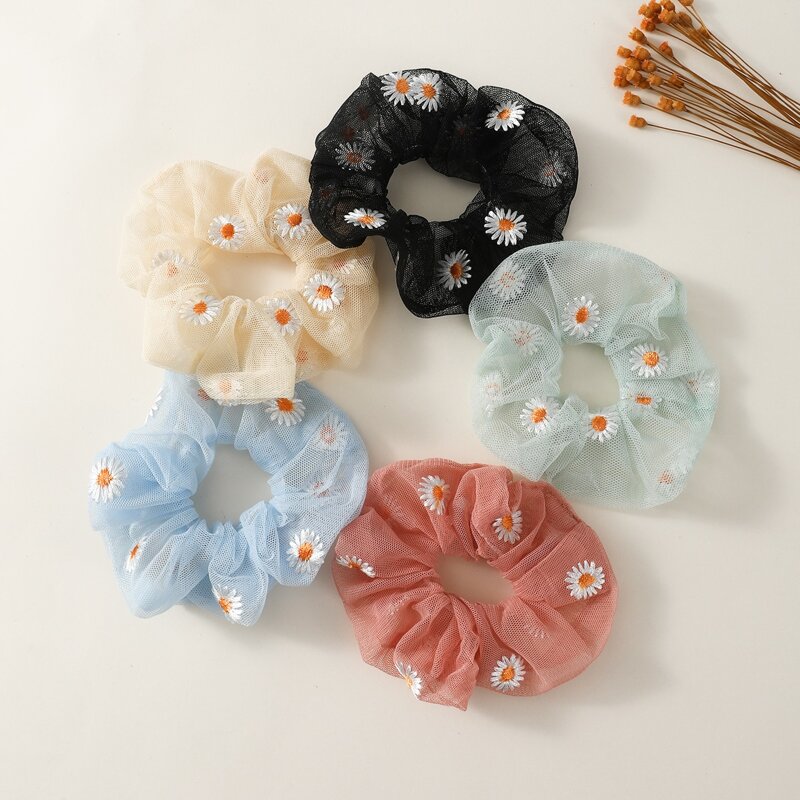 

5pcs Daisy Floral Mesh Scrunchie, Multicolor