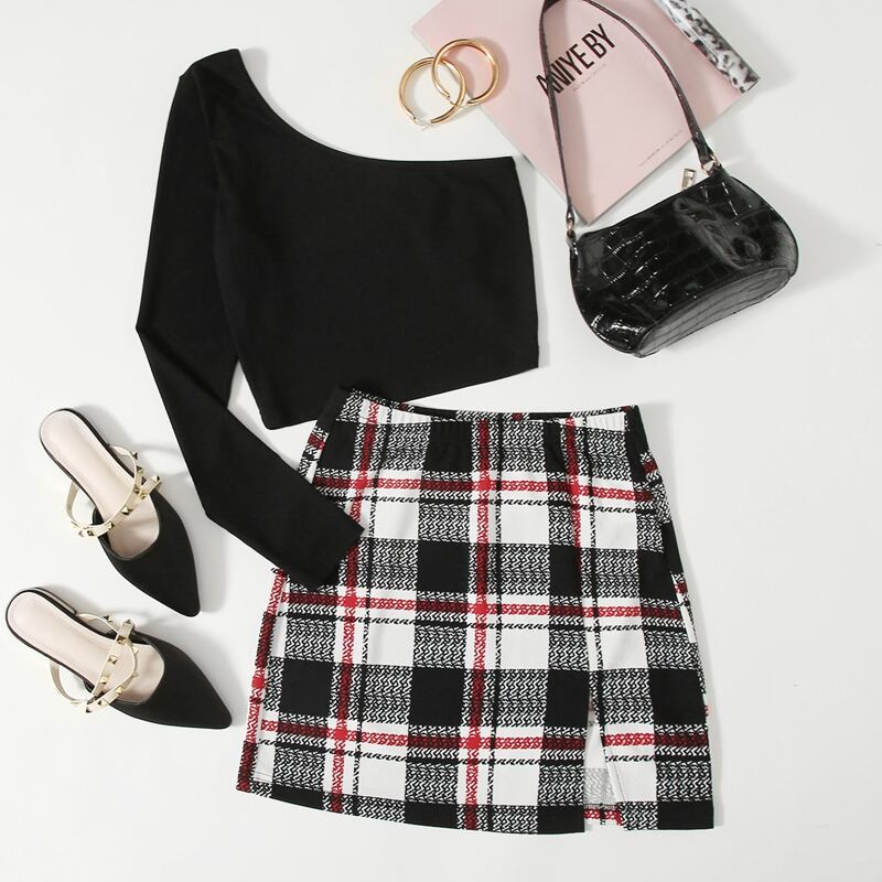 

One Shoulder Top & Split Hem Plaid Skirt Set, Multicolor