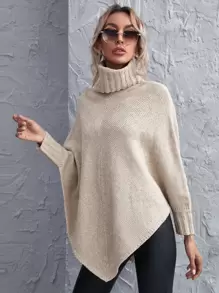 SHEIN LUNE Turtleneck Asymmetrical Hem Poncho Jumper - Beige - View 1