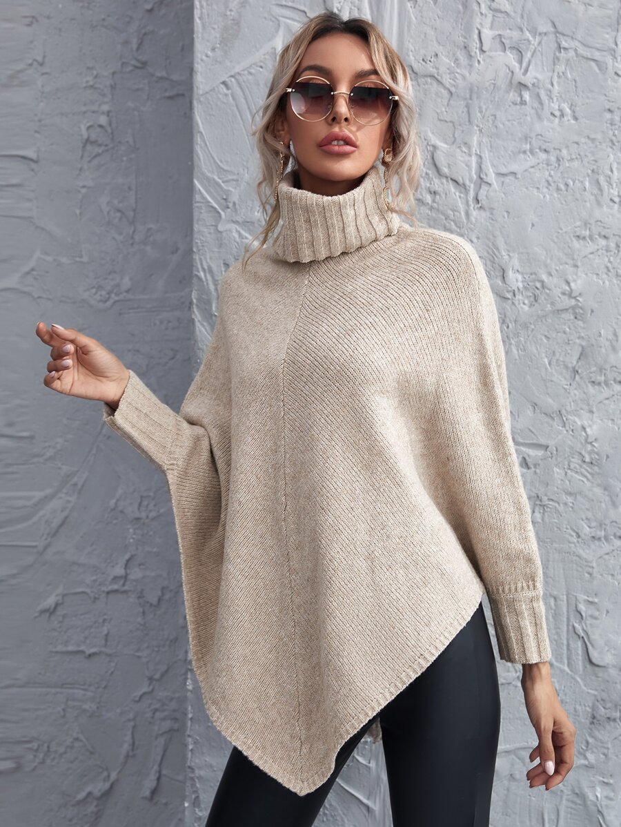 SHEIN LUNE Turtleneck Asymmetrical Hem Poncho Jumper - Beige - View 1