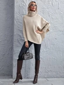SHEIN LUNE Turtleneck Asymmetrical Hem Poncho Jumper - Beige - View 3