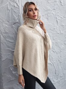 SHEIN LUNE Turtleneck Asymmetrical Hem Poncho Jumper - Beige - View 4