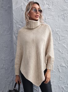 SHEIN LUNE Turtleneck Asymmetrical Hem Poncho Jumper - Beige - View 5