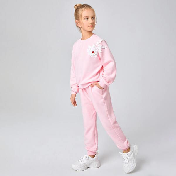 

Girls 3D Appliques Pullover & Sweatpants Set, Pastel baby pink
