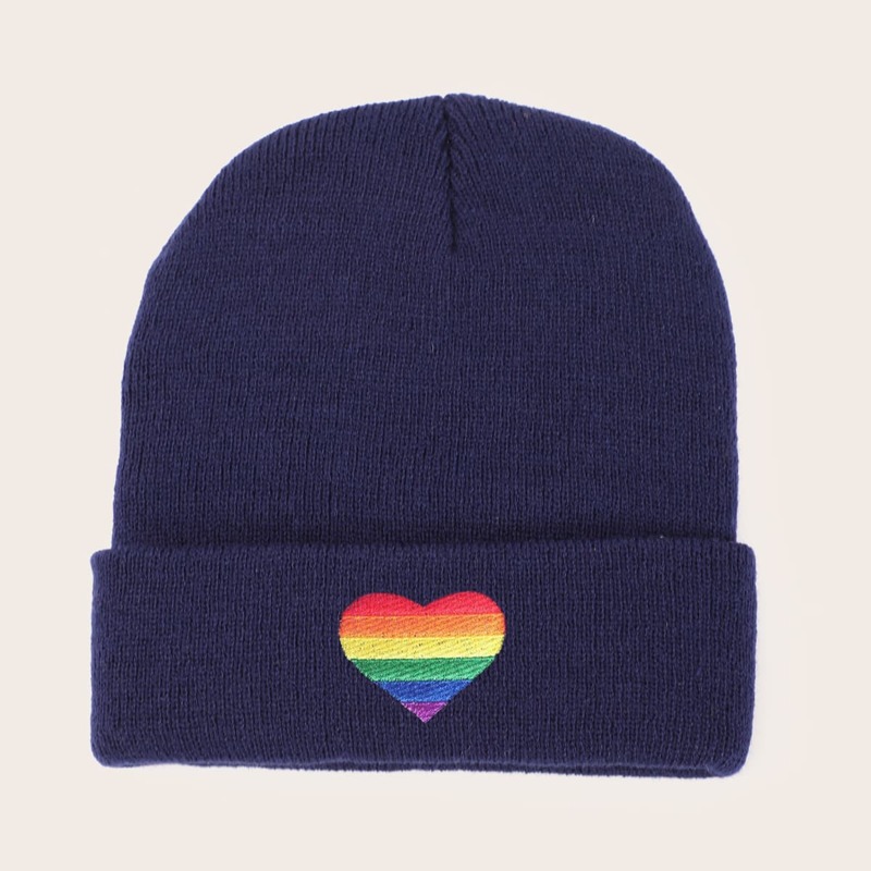 

Rainbow Striped Heart Beanie, Navy blue