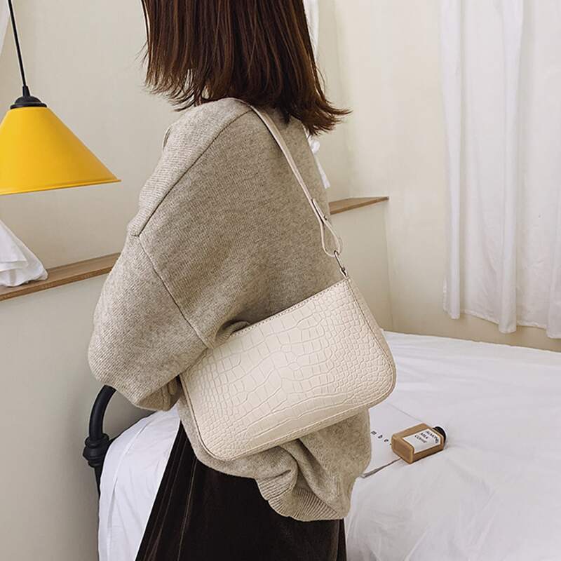 

Minimalist Croc Embossed Baguette Bag, White