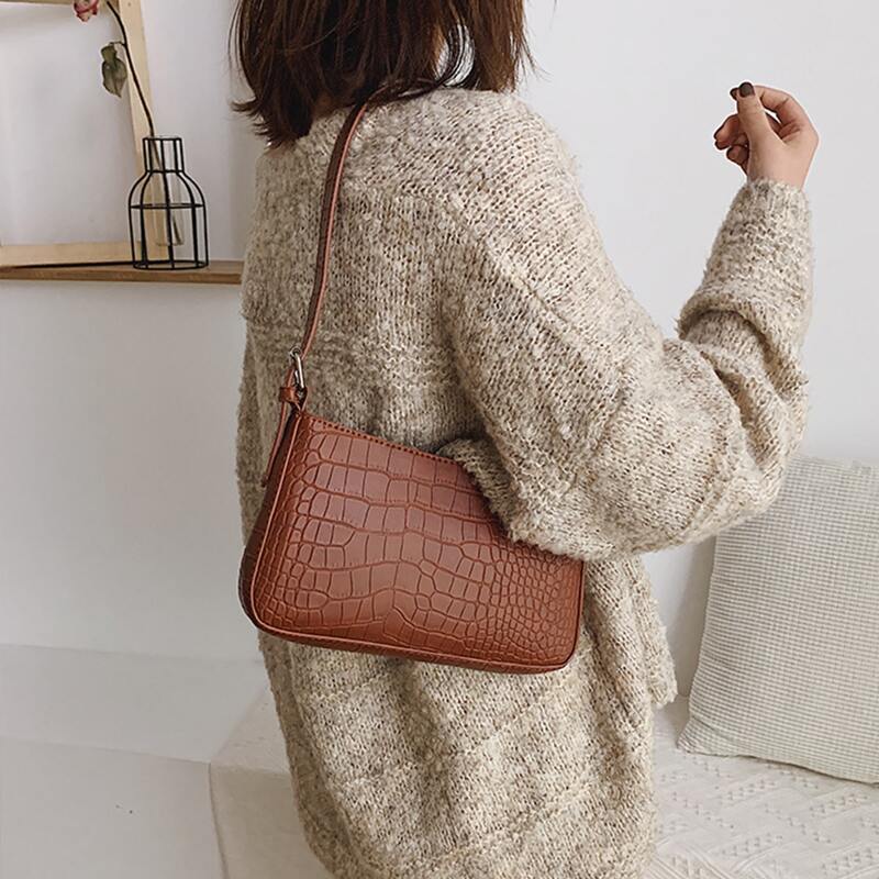 

Minimalist Croc Embossed Baguette Bag, Brown