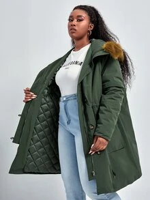 SHEIN Plus Drawstring Waist Flap Pocket Front Fuzzy Trim Hooded Padded Coat - Army Green - View 2