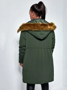 SHEIN Plus Drawstring Waist Flap Pocket Front Fuzzy Trim Hooded Padded Coat - Army Green - View 3