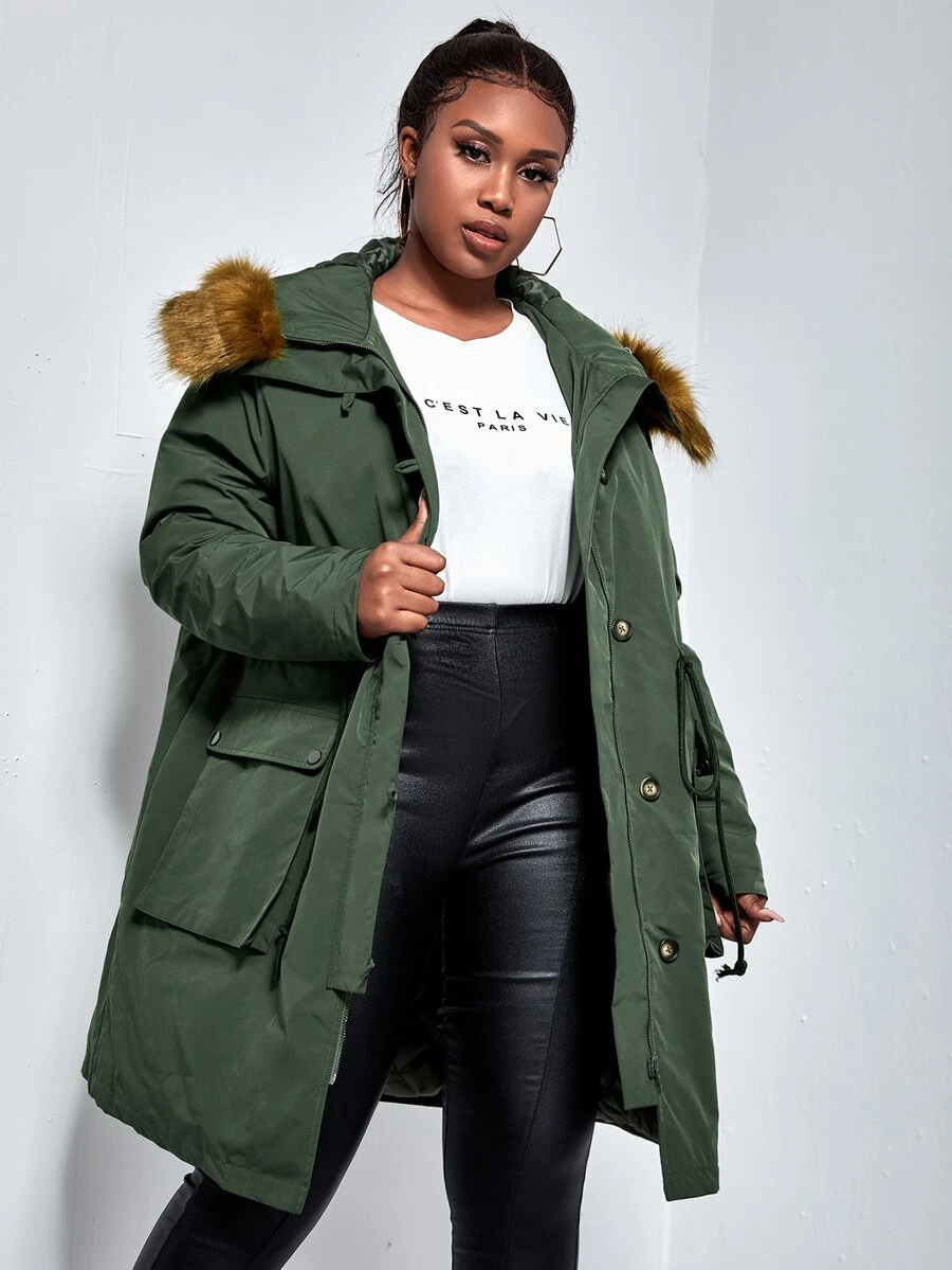SHEIN Plus Drawstring Waist Flap Pocket Front Fuzzy Trim Hooded Padded Coat - Army Green - View 1