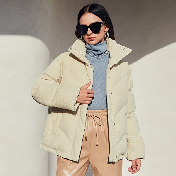 

Press Buttoned Zip Up Puffer Cord Coat, Khaki