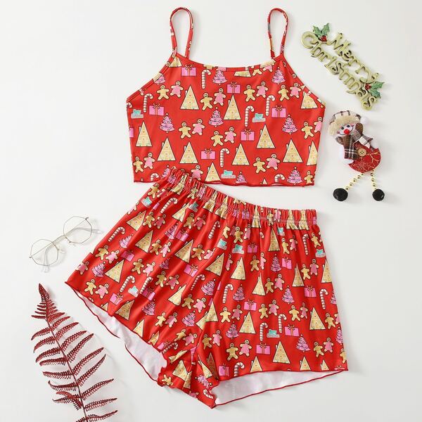 

Christmas Letter & House Print Cami Top and Shorts PJ Set, Red