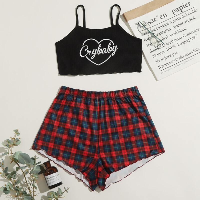 

Heart And Tartan Plaid Lettuce Trim PJ Set, Multicolor