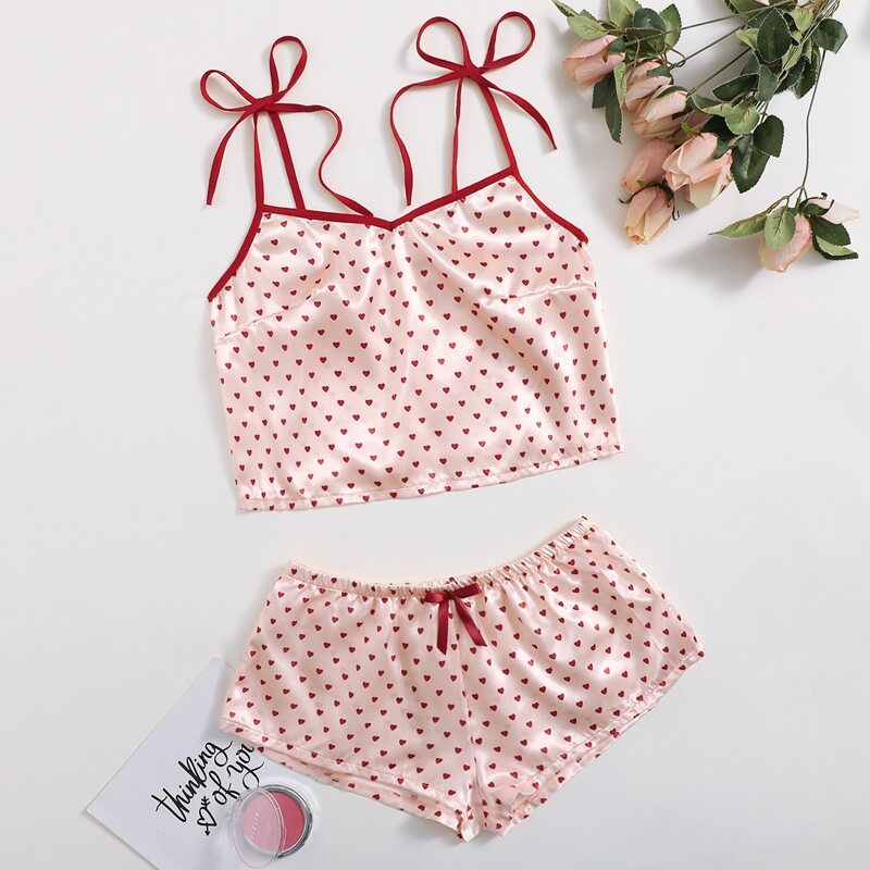 

Allover Heart Print Satin PJ Set, Baby pink