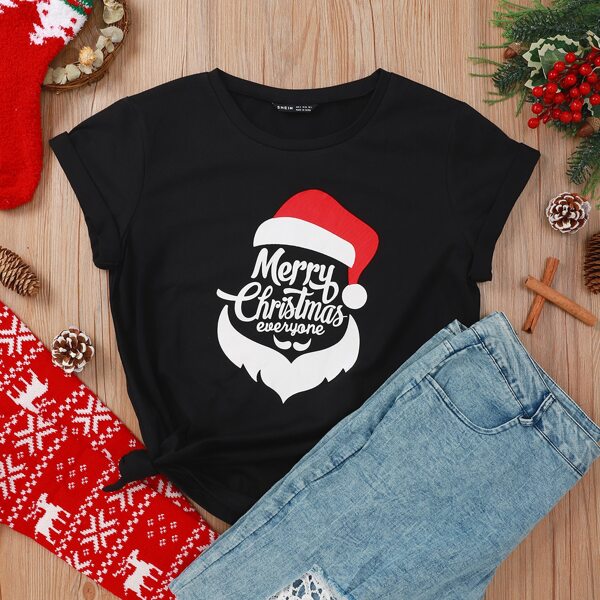 

Christmas Print Round Neck Tee, Black