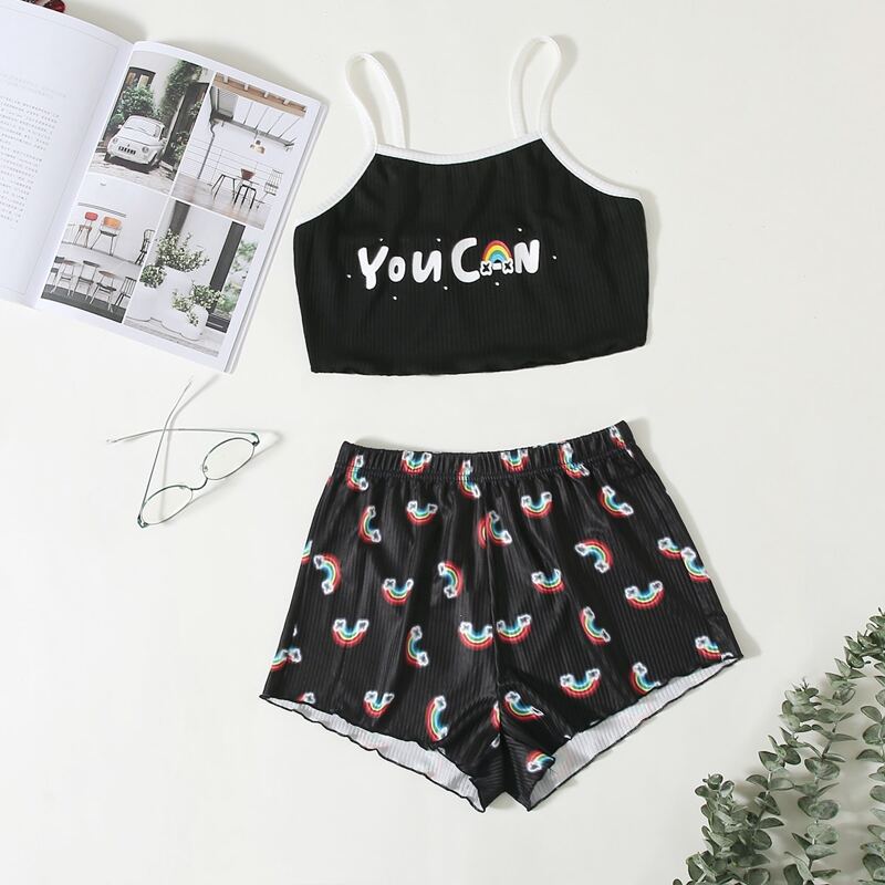 

Cartoon Rainbow And Slogan Graphic PJ Set, Black