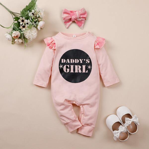 

Baby Girl Slogan Graphic Ruffle Trim Jumpsuit With Headband, Baby pink