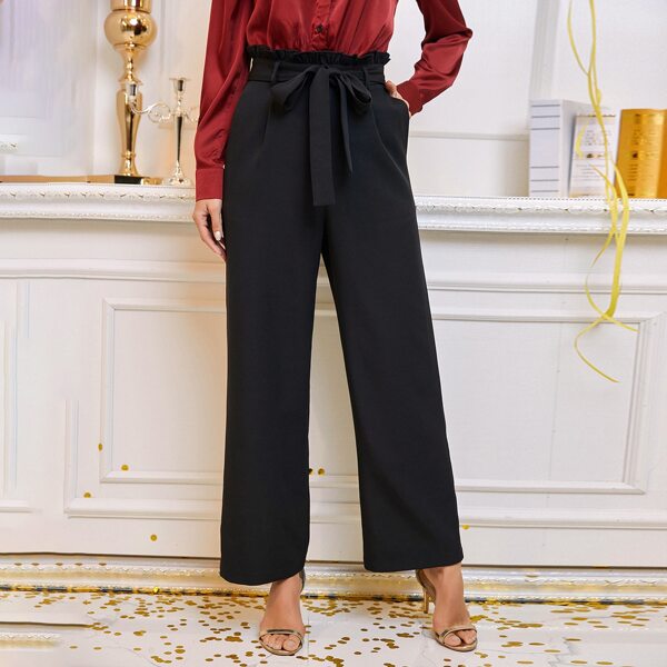 

Solid Paper Bag Waist Belted Pants, Black