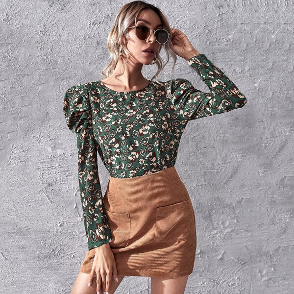 

All Over Floral Print Keyhole Back Puff Sleeve Blouse, Multicolor