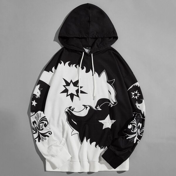 

Men Graphic Print Drop Shoulder Drawstring Hoodie, Black and white