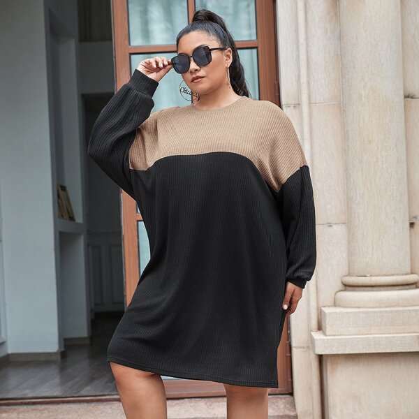 

Plus Drop Shoulder Two Tone Rib-knit Dress, Black