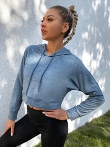 Drop Shoulder Drawstring Sports Hoodie - Dusty Blue - View 5